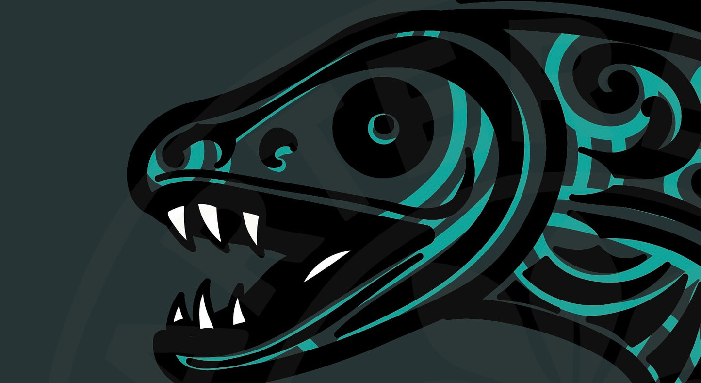 Teal and black eel illustration on a dark background