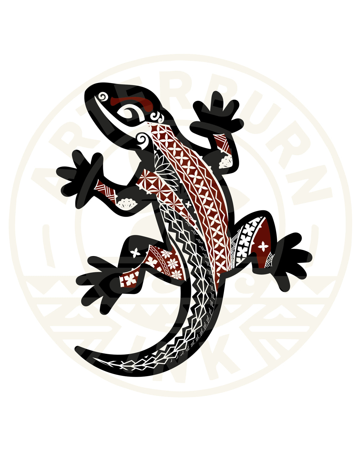 Decorative lizard with tribal patterns on a white background