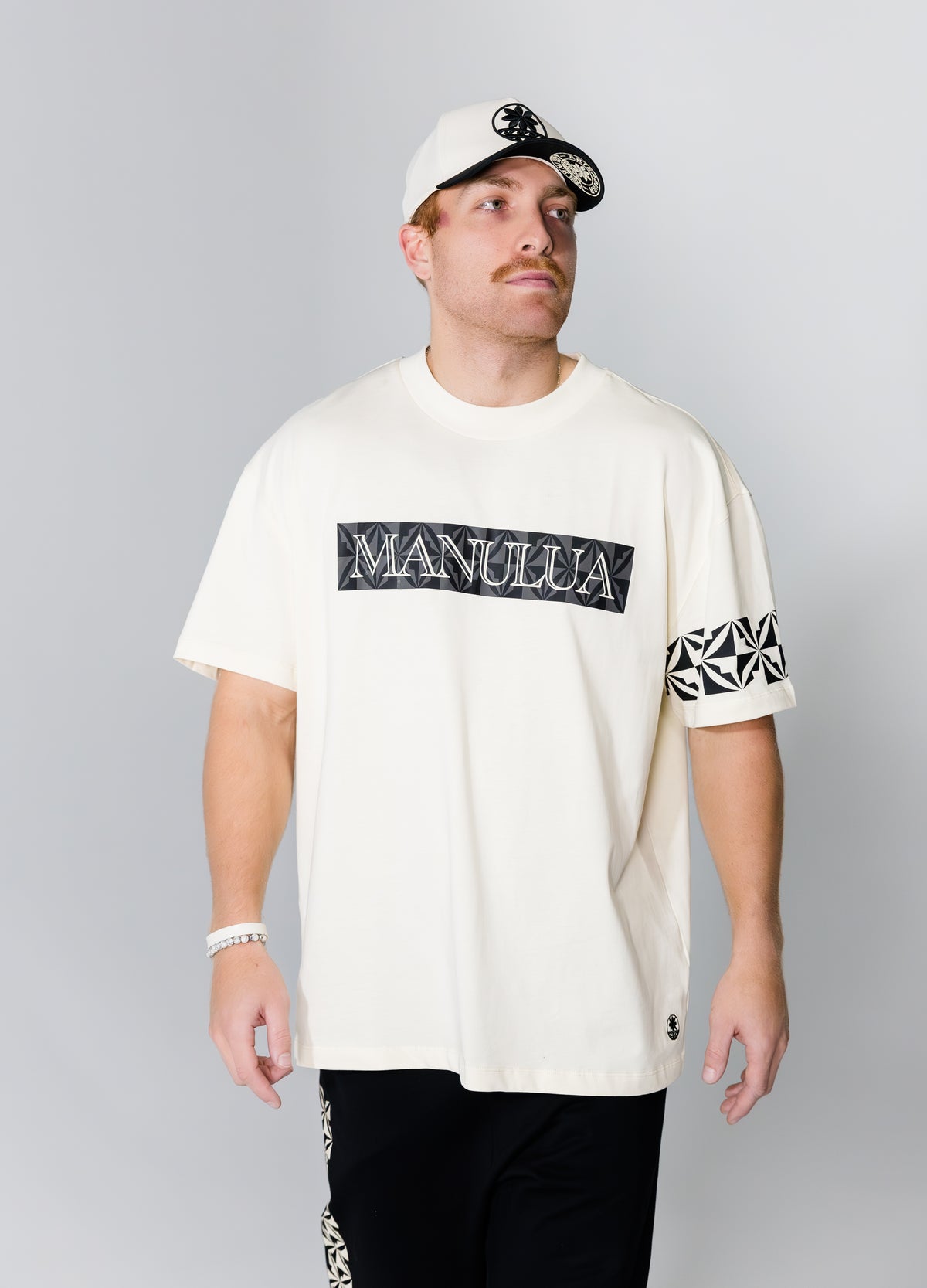 Man wearing a white t-shirt with 'Manulua' branding on a gray background