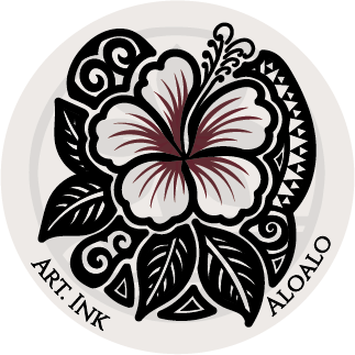 Decorative flower design with black and white patterns on a circular white background, featuring the brand 'Art. Ink' and 'Aloalo'.