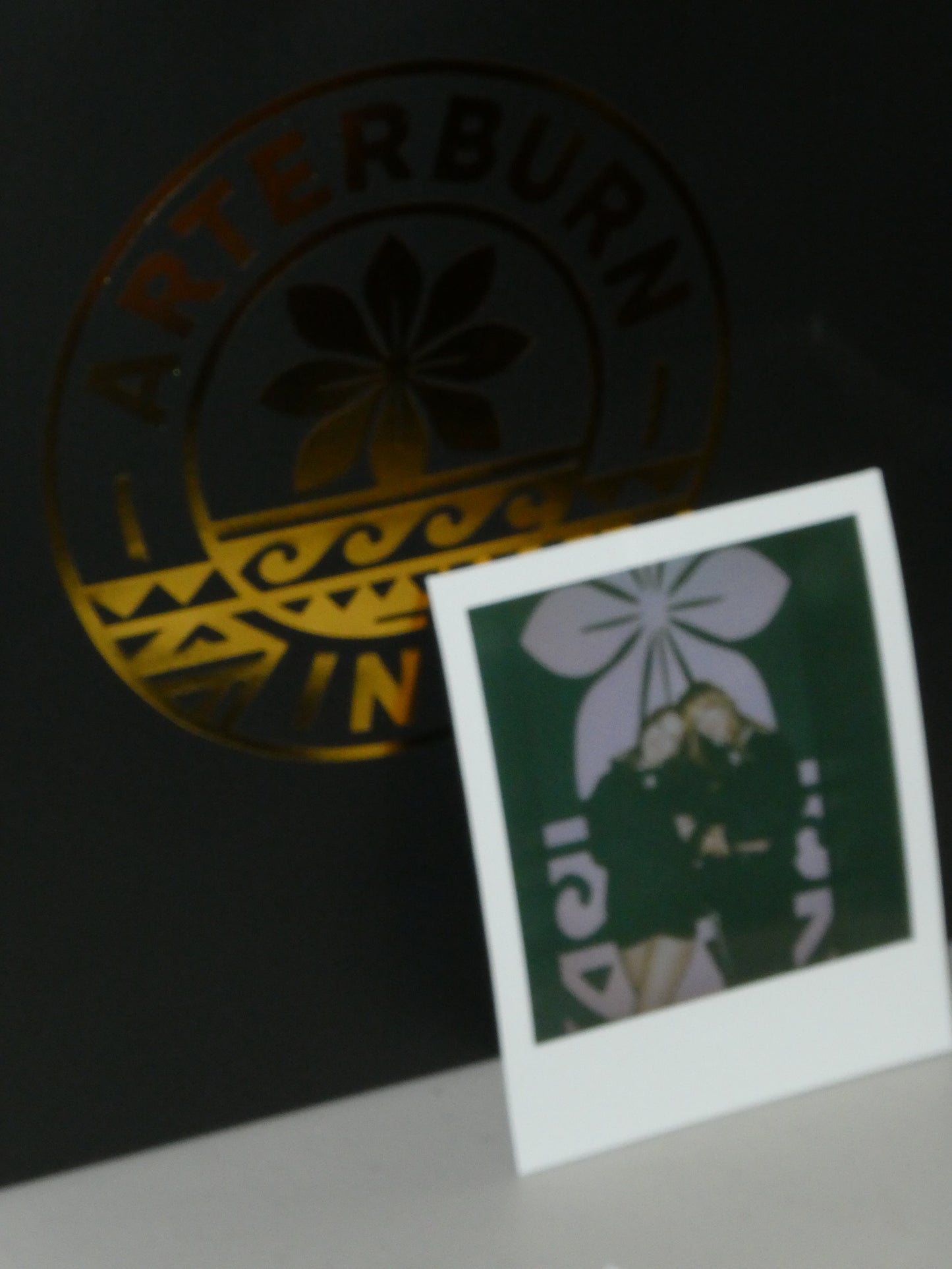 Polaroid photo of a person in front of a dark background with a logo.