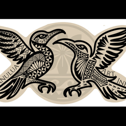 Two stylized birds with tribal patterns on a beige background, featuring the text 'Manulua Art Ink'.