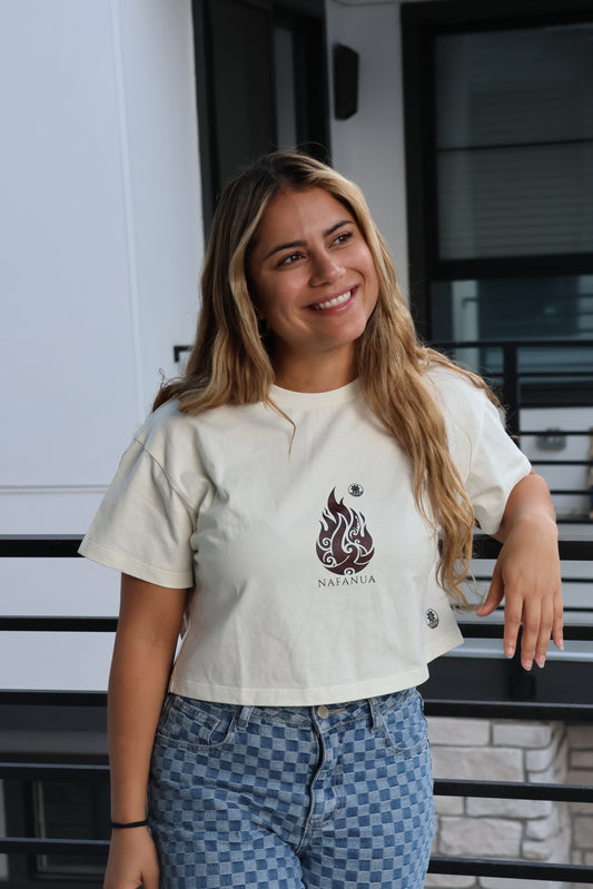 woman in patio in a white tee shirt