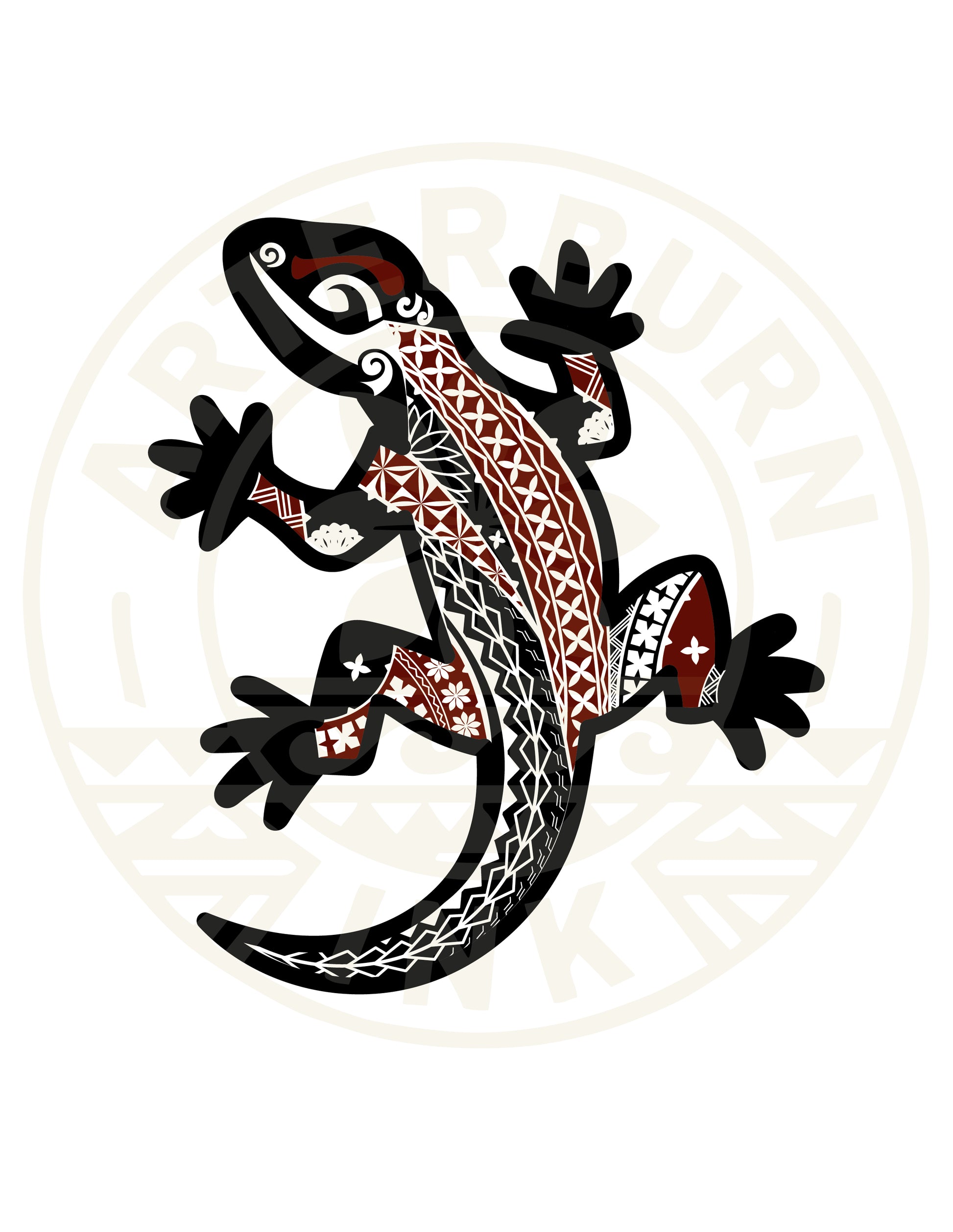 Decorative lizard with tribal patterns on a white background