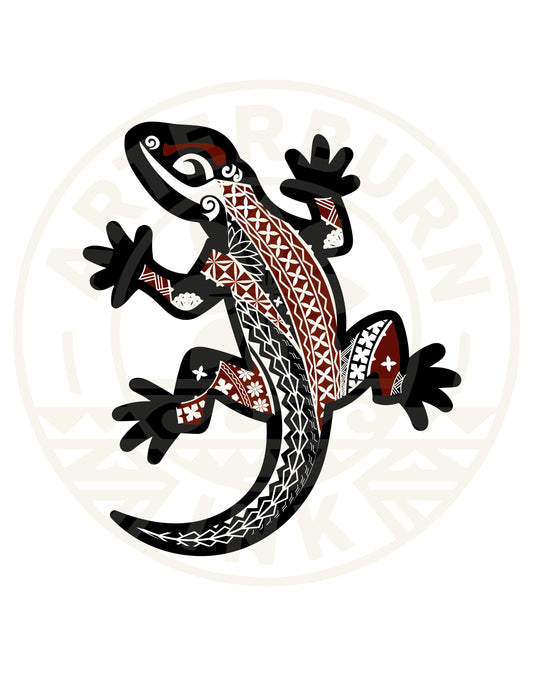 Decorative lizard with tribal patterns on a white background