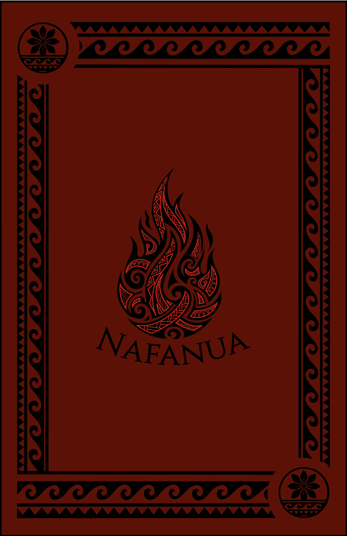 A square red graphic or print featuring a central black tribal-style emblem and the word 'Nafanua' in black curved text, surrounded by a decorative black border pattern on a red background.