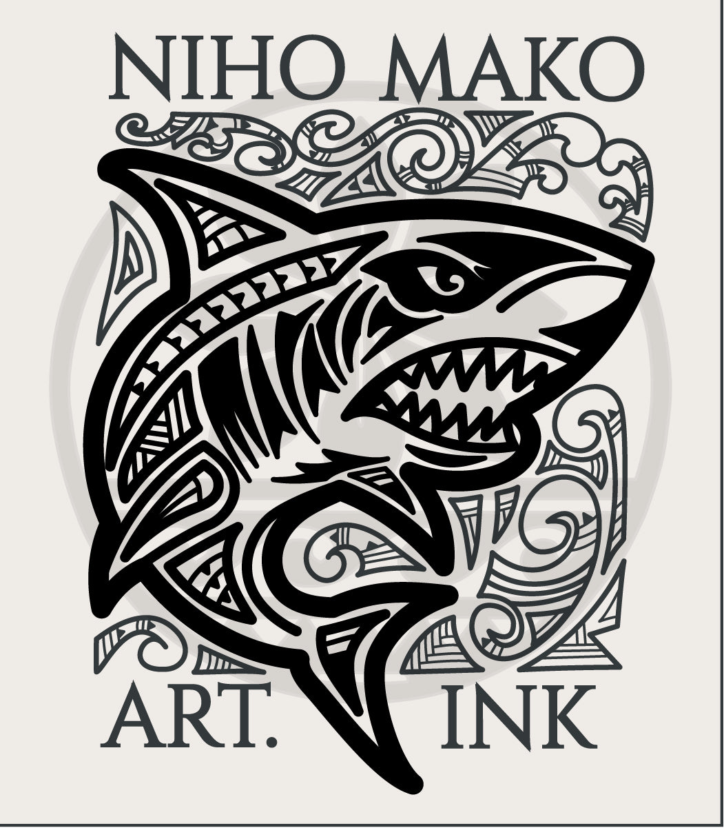 Black and white shark illustration with tribal patterns and 'NIHO MAKO ART. INK' text on a light gray background