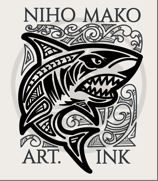 Black and white shark illustration with tribal patterns and 'NIHO MAKO ART. INK' text on a light gray background
