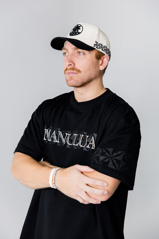 Man wearing a black t-shirt with 'MANULUA' branding and a cap on a gray background